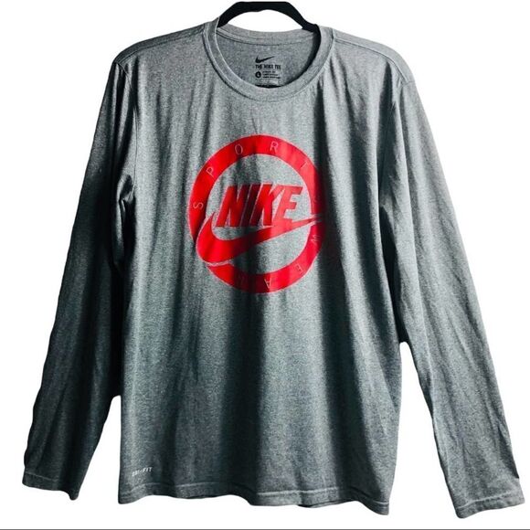 Nike Dri Fit Gray Red Logo Long Sleeve T Shirt - Picture 1 of 6